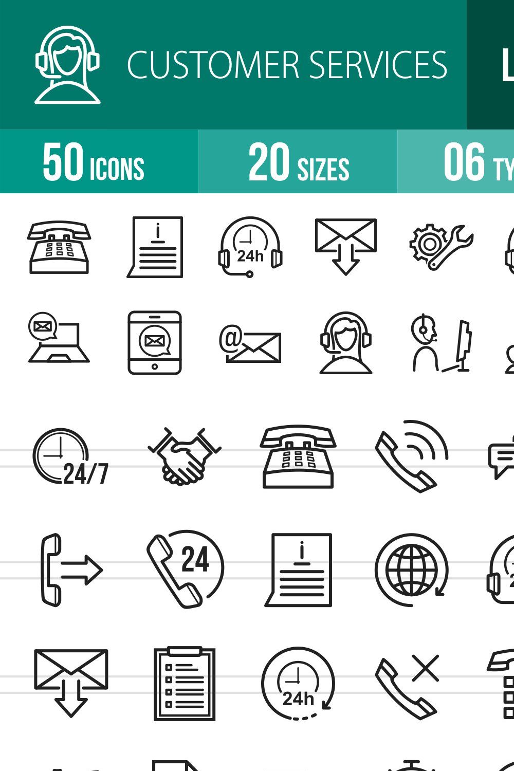 50 Customer Services Line Icons pinterest preview image.