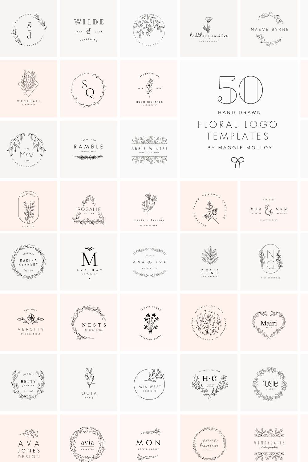 50 Floral Hand Drawn Logo Templates pinterest preview image.