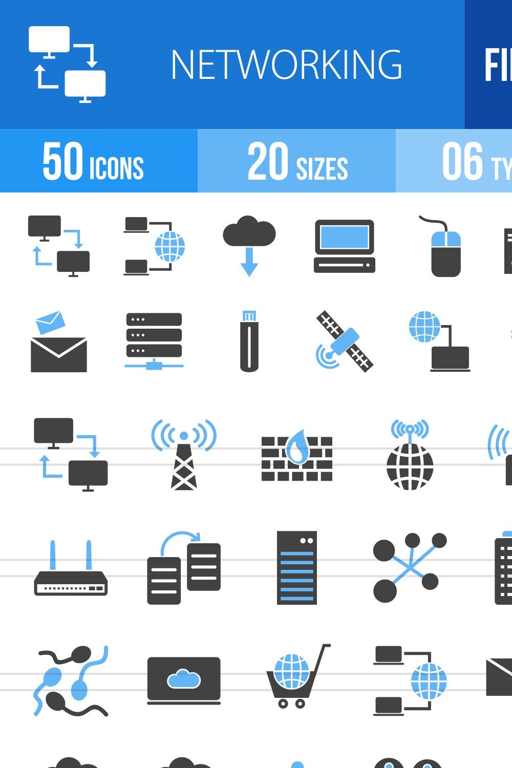 50 Networking Blue & Black Icons pinterest preview image.