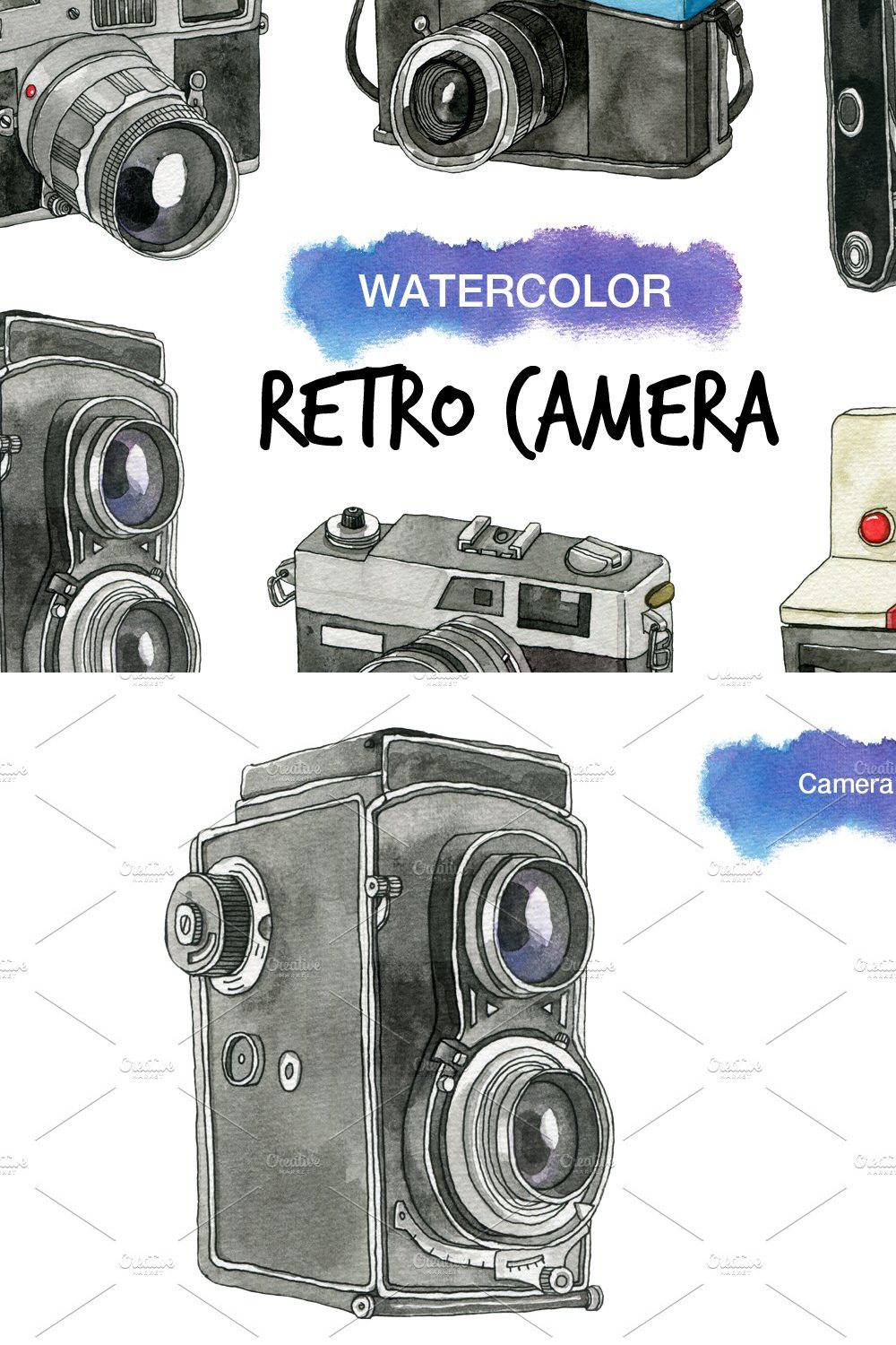 6 Watercolor Retro Camera pinterest preview image.