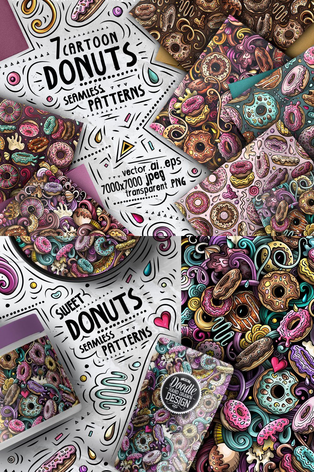 7 Donuts Cartoon Seamless Patterns pinterest preview image.