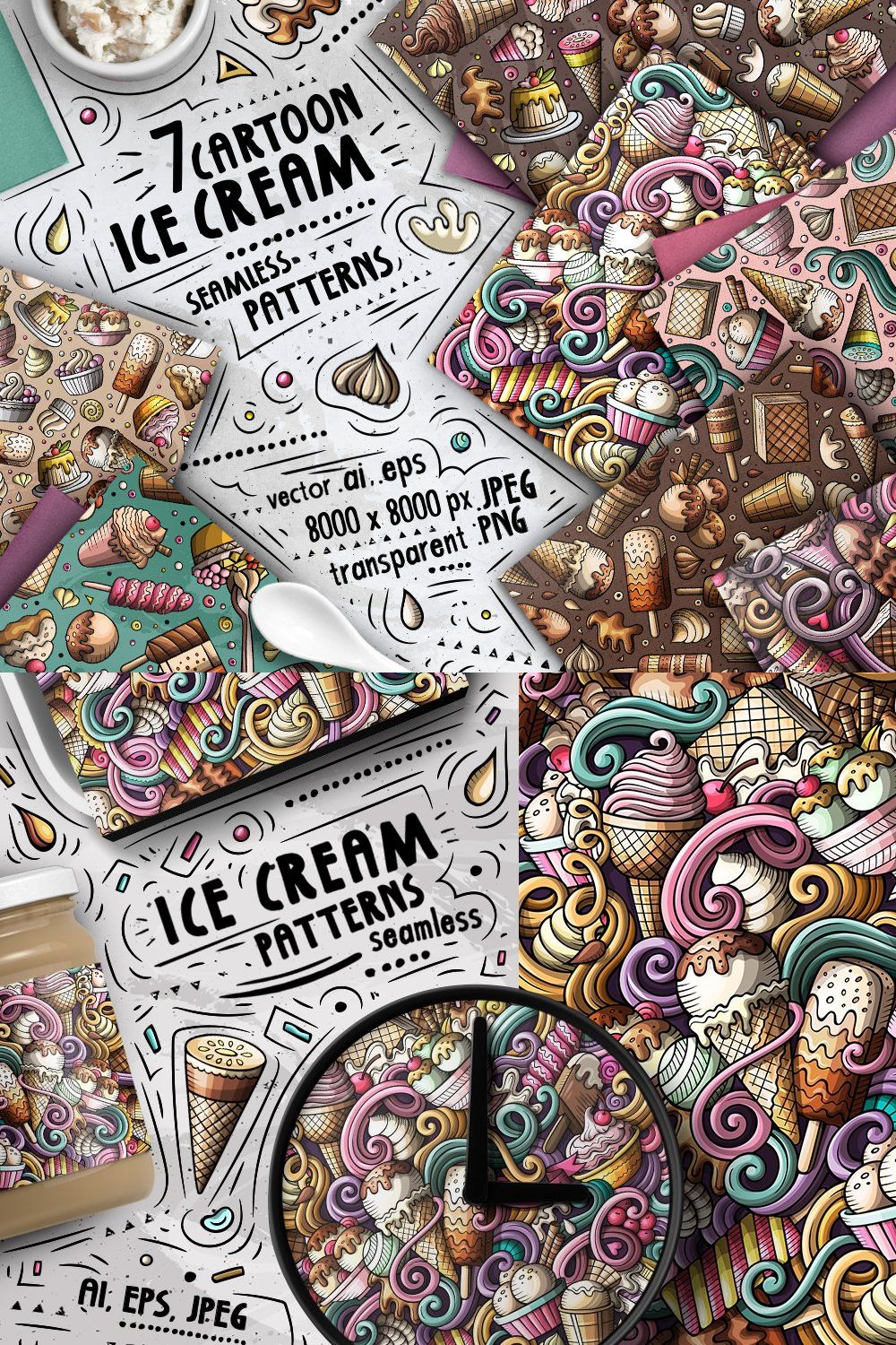 7 Ice Cream Seamless Patterns pinterest preview image.