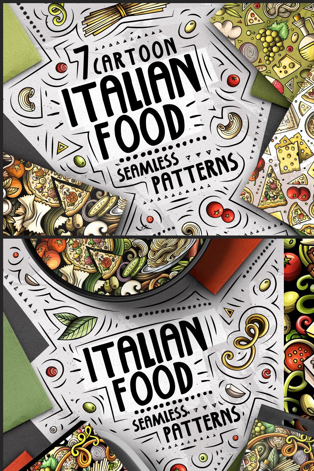 7 Italian Food Seamless Patterns pinterest preview image.