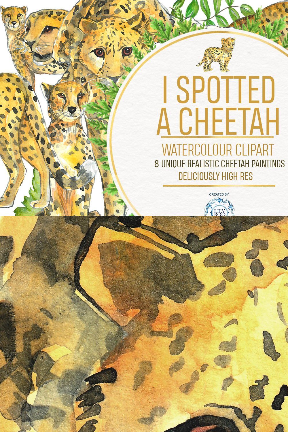 8 Cheetah Realistic Watercolor PNG pinterest preview image.