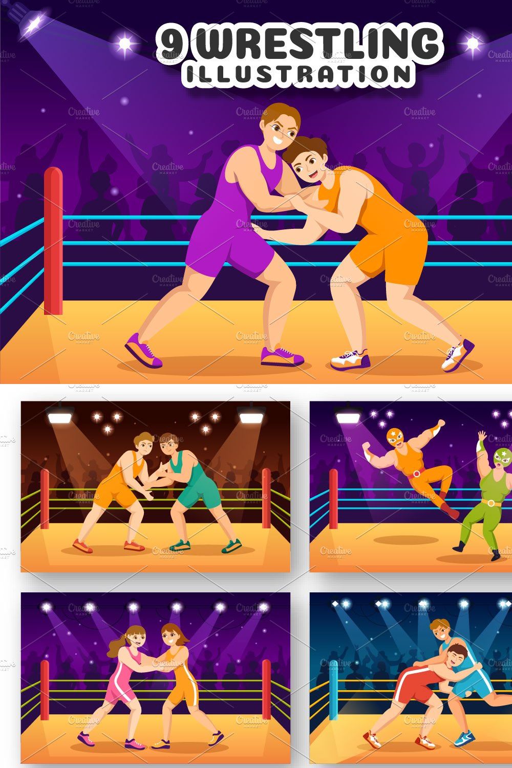 9 Wrestling Sport Illustration pinterest preview image.