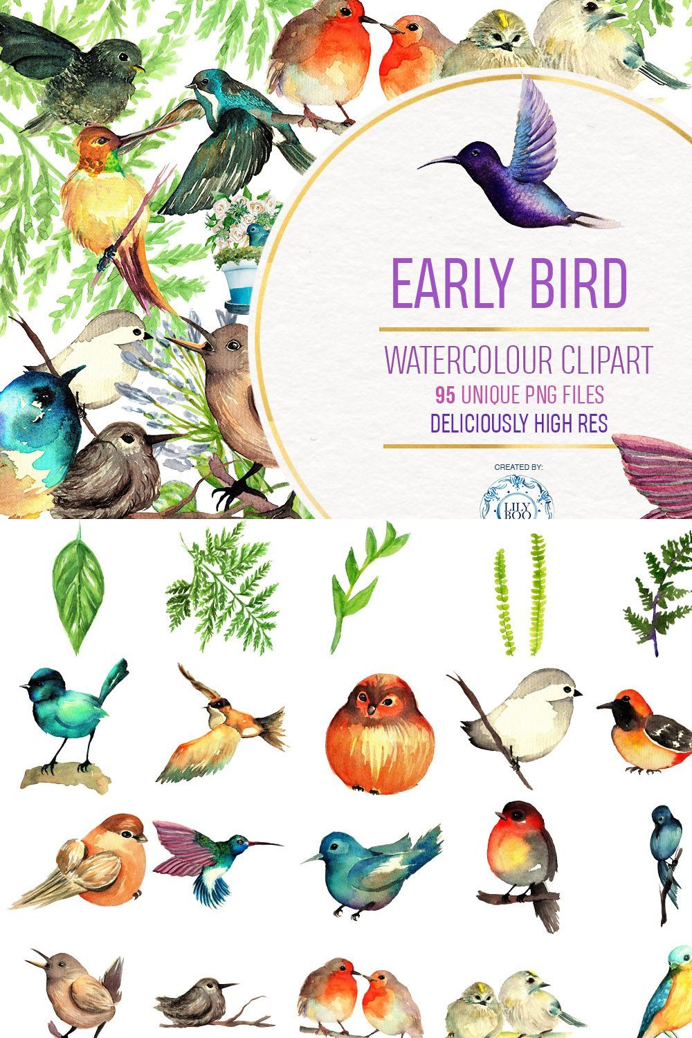 95 Bird Watercolor Clipart Graphics pinterest preview image.