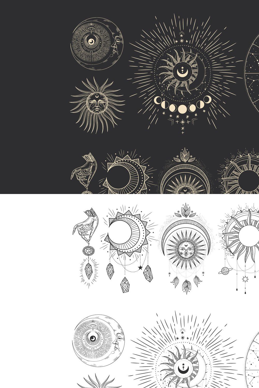 A set of elements. space, sun, moon pinterest preview image.