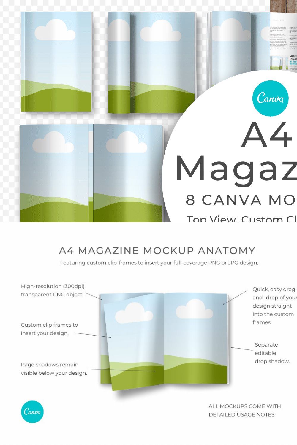 A4 Magazine Mockups for Canva pinterest preview image.