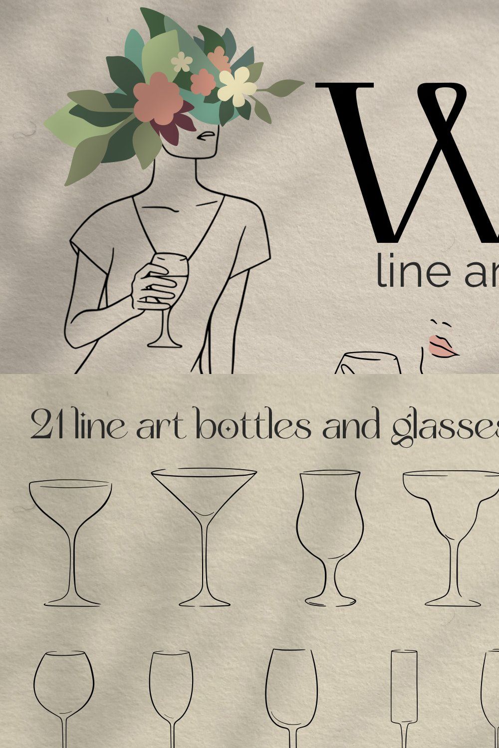 Abstract line art woman with wine pinterest preview image.