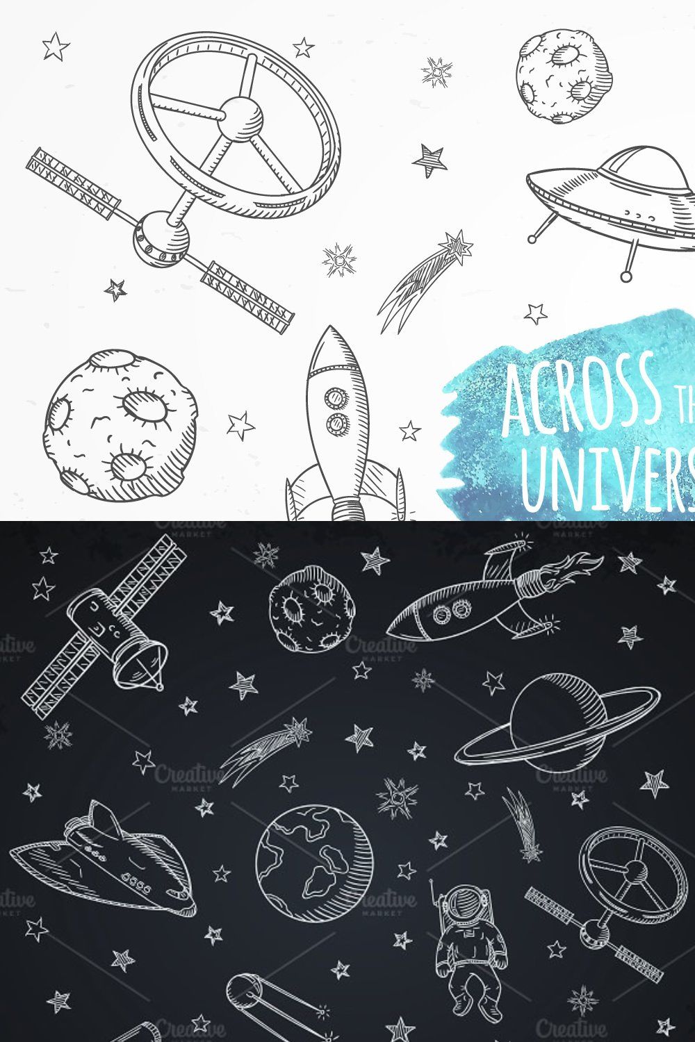 Across the universe set of doodles. pinterest preview image.