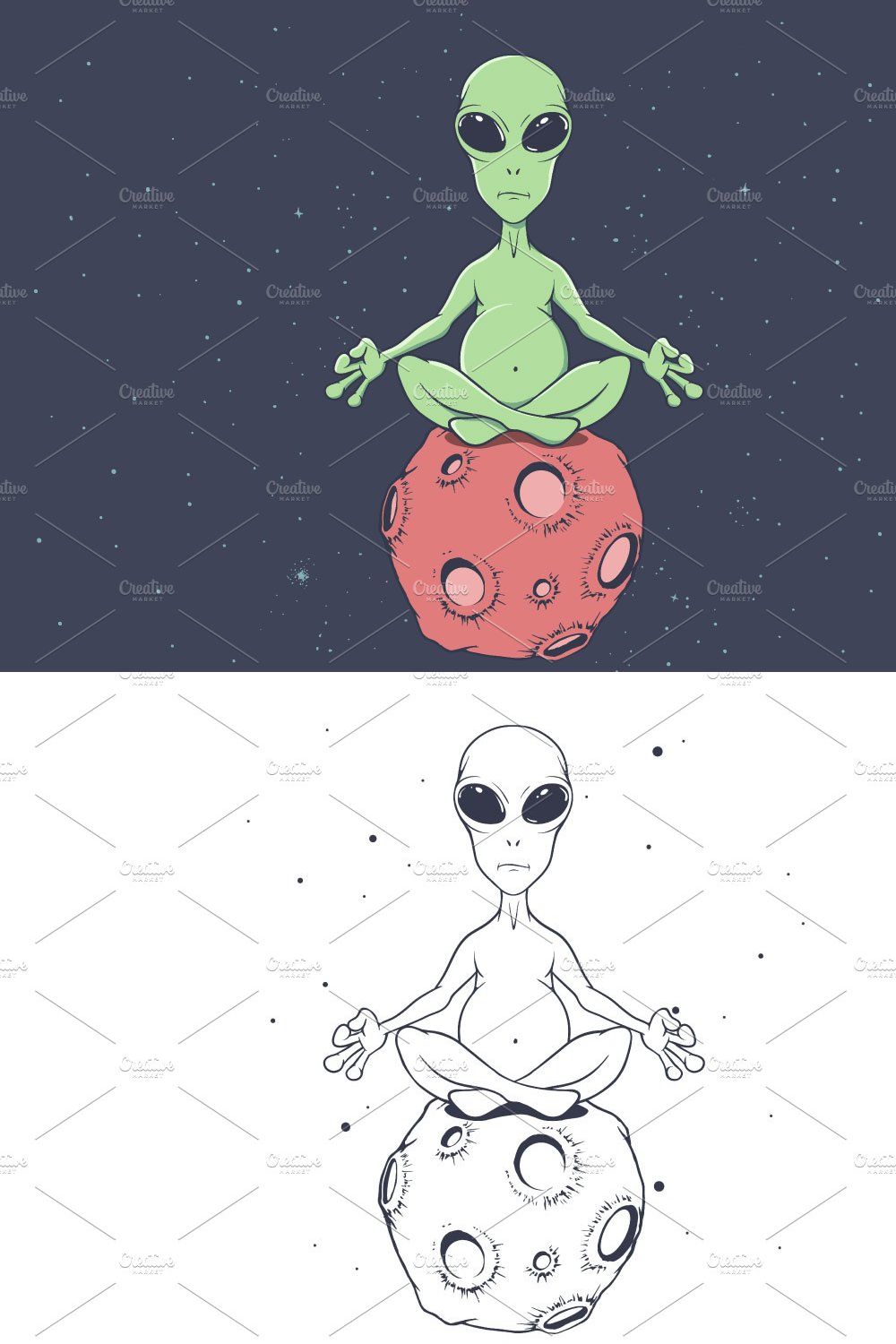 alien sits in the lotus position pinterest preview image.