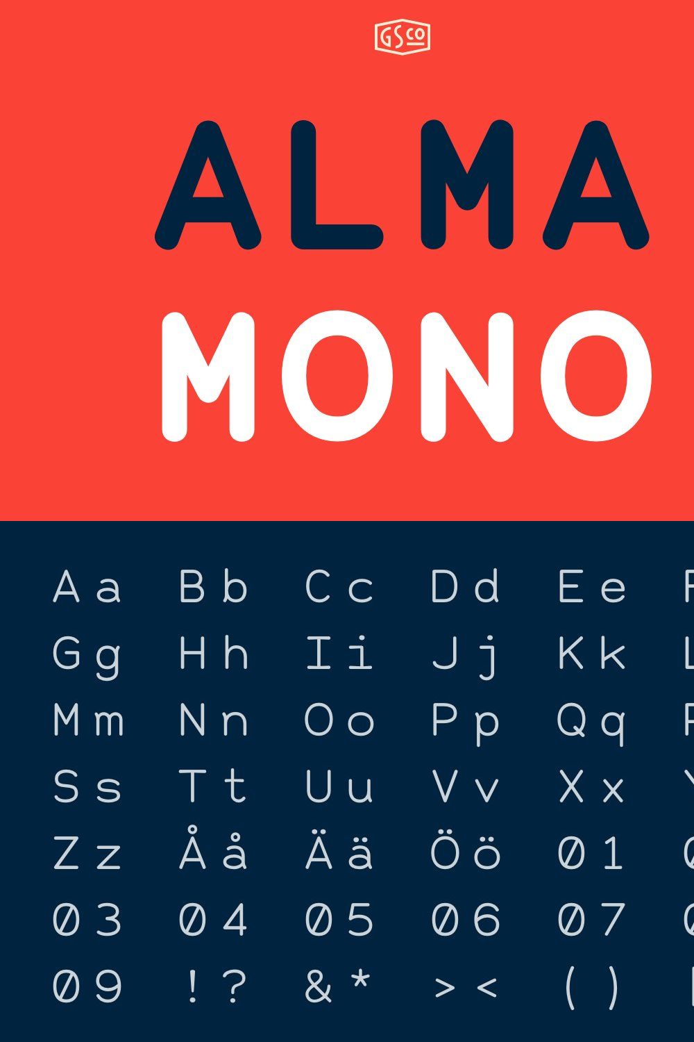 Alma Mono - A monospaced sans serif pinterest preview image.