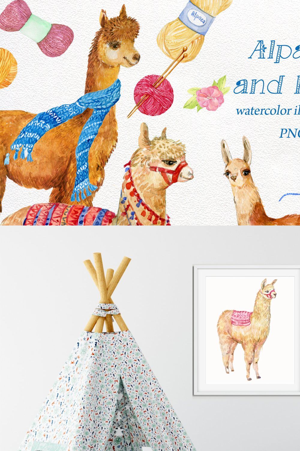 Alpacas and llamas .watercolor pinterest preview image.
