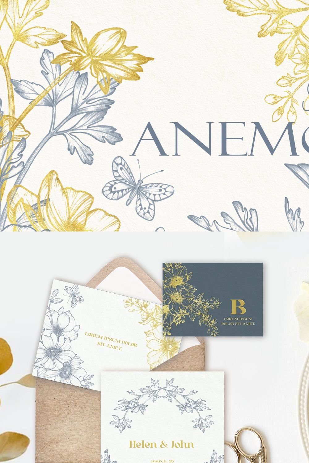 Anemones. Pencil and gold collection pinterest preview image.