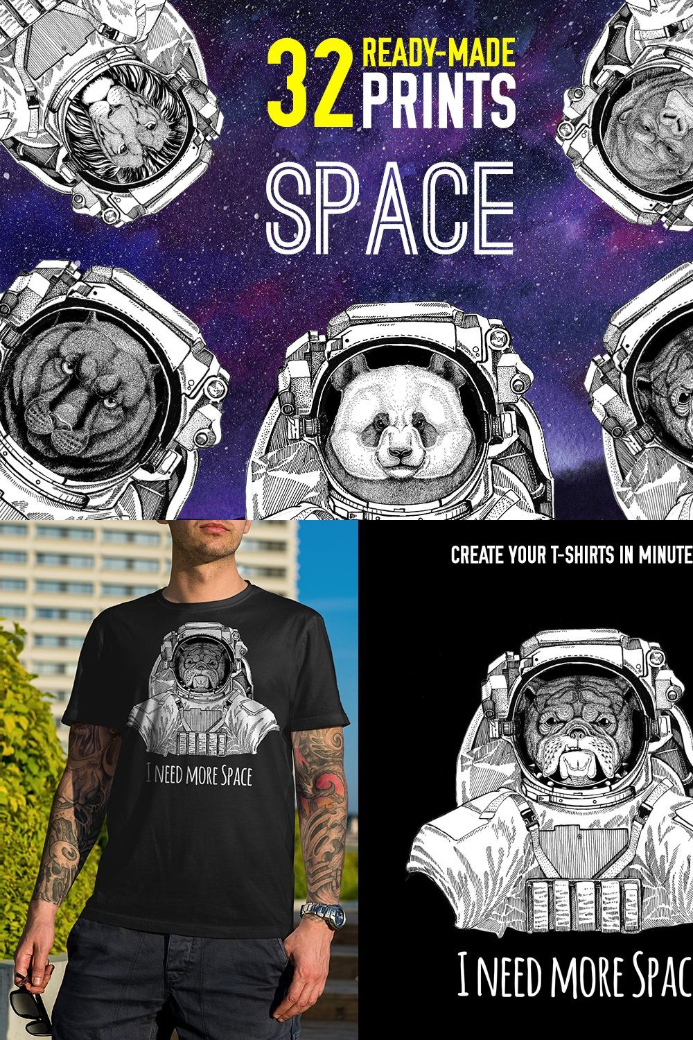 Astronaut animals T-shirt pack pinterest preview image.