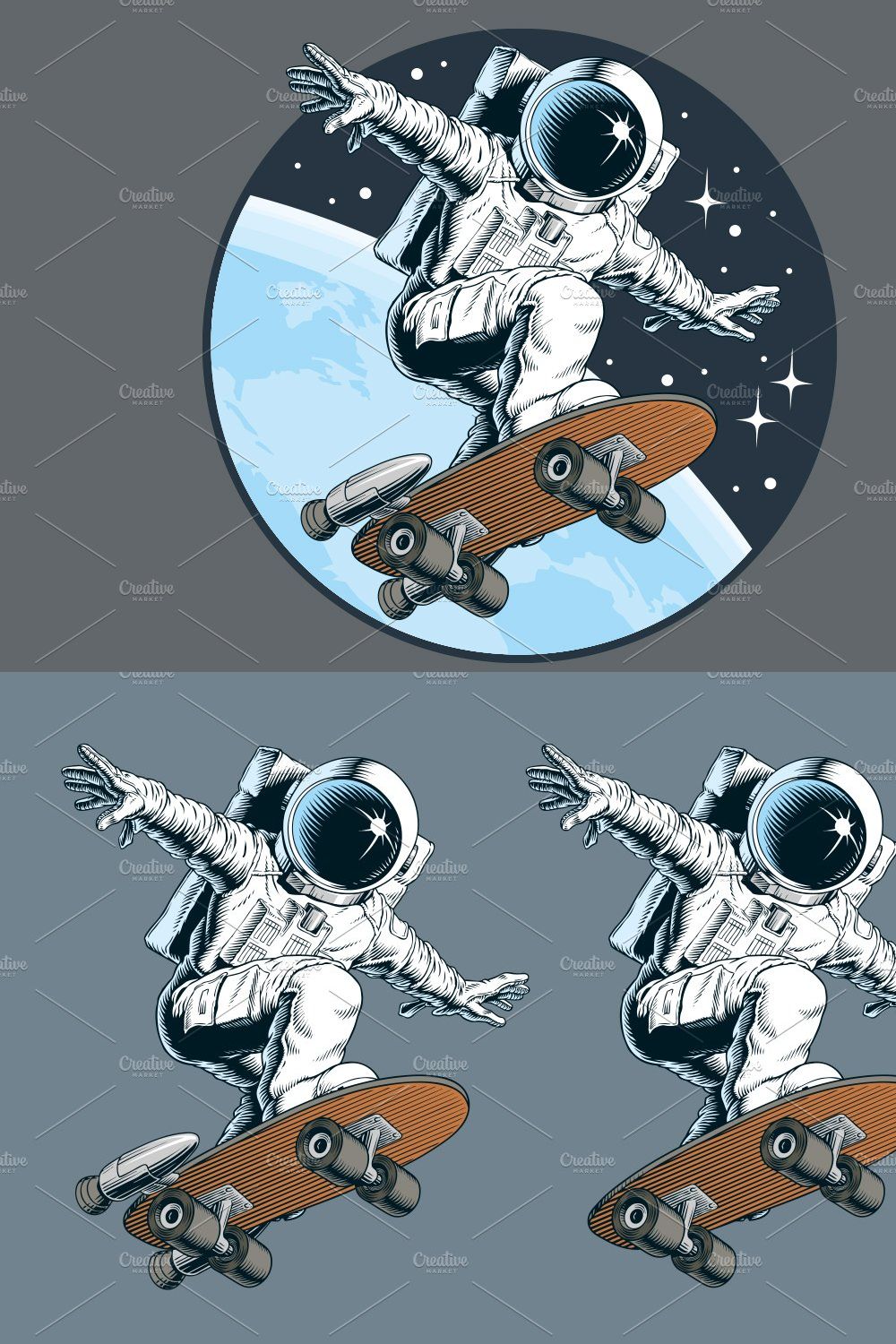 Astronaut rides on skateboard vector pinterest preview image.