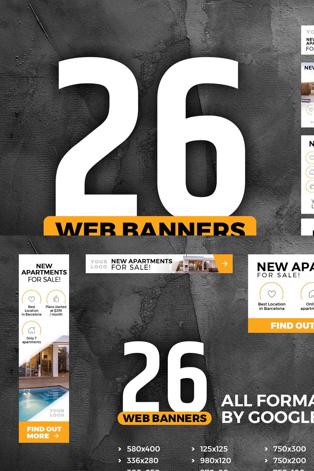 Banners Pack 26 sizes for Google Ads pinterest preview image.