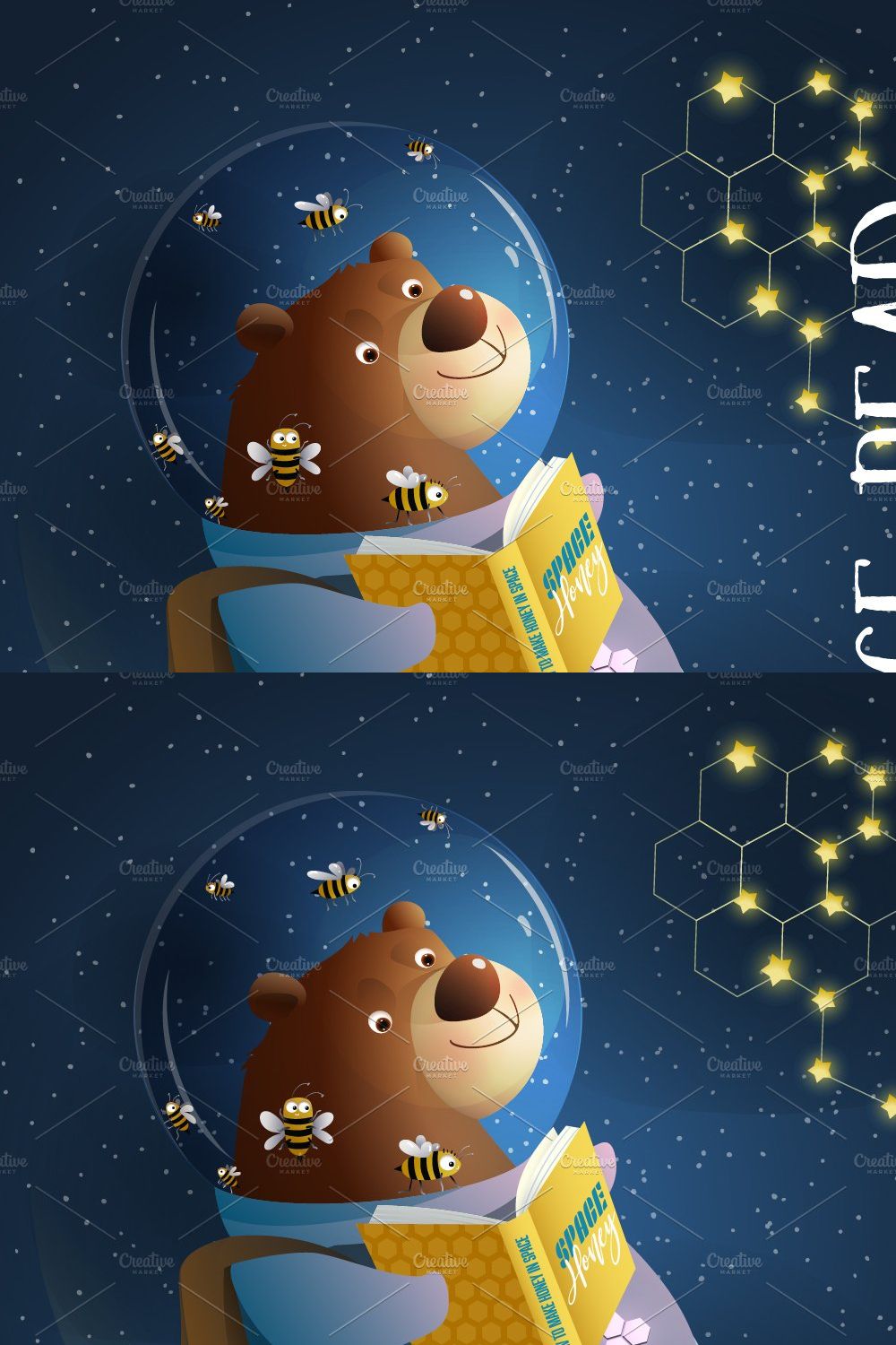 Bear and Bees Reading Book in Space pinterest preview image.
