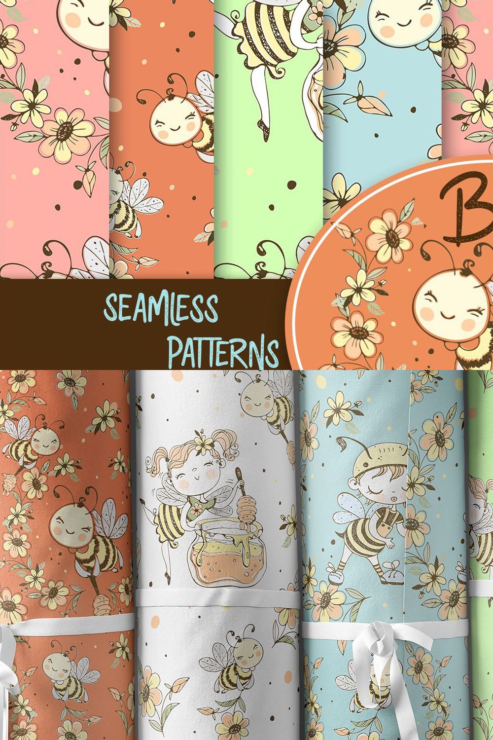Bee fabric seamless patterns. pinterest preview image.