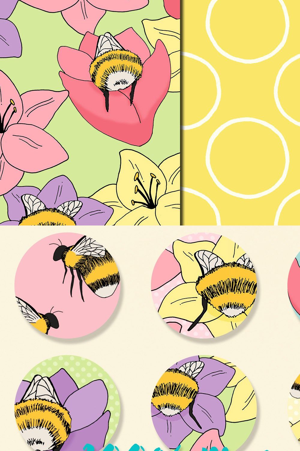 Bee & Flower Seamless Patterns pinterest preview image.