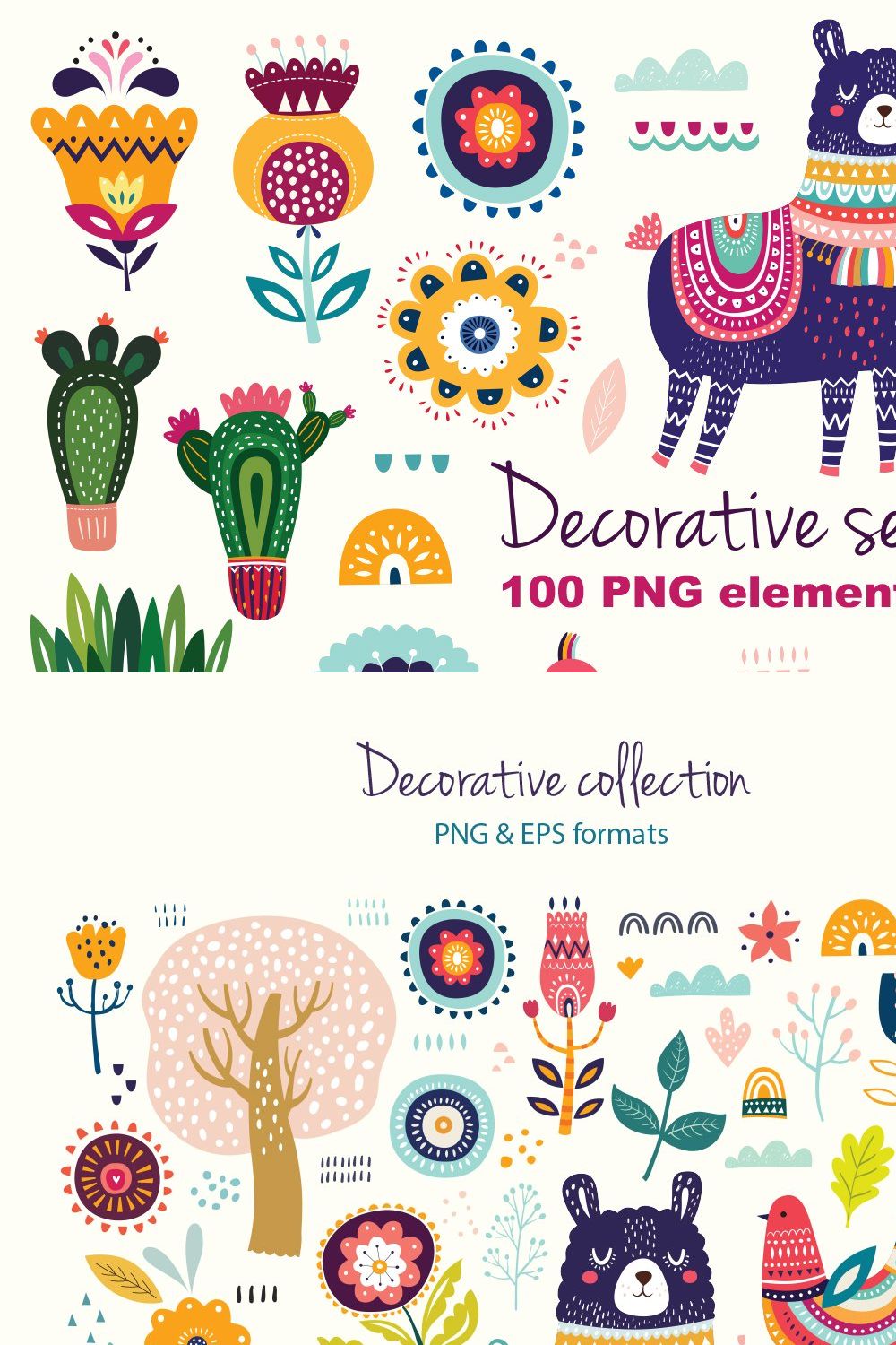 Big decorative set with Llama pinterest preview image.