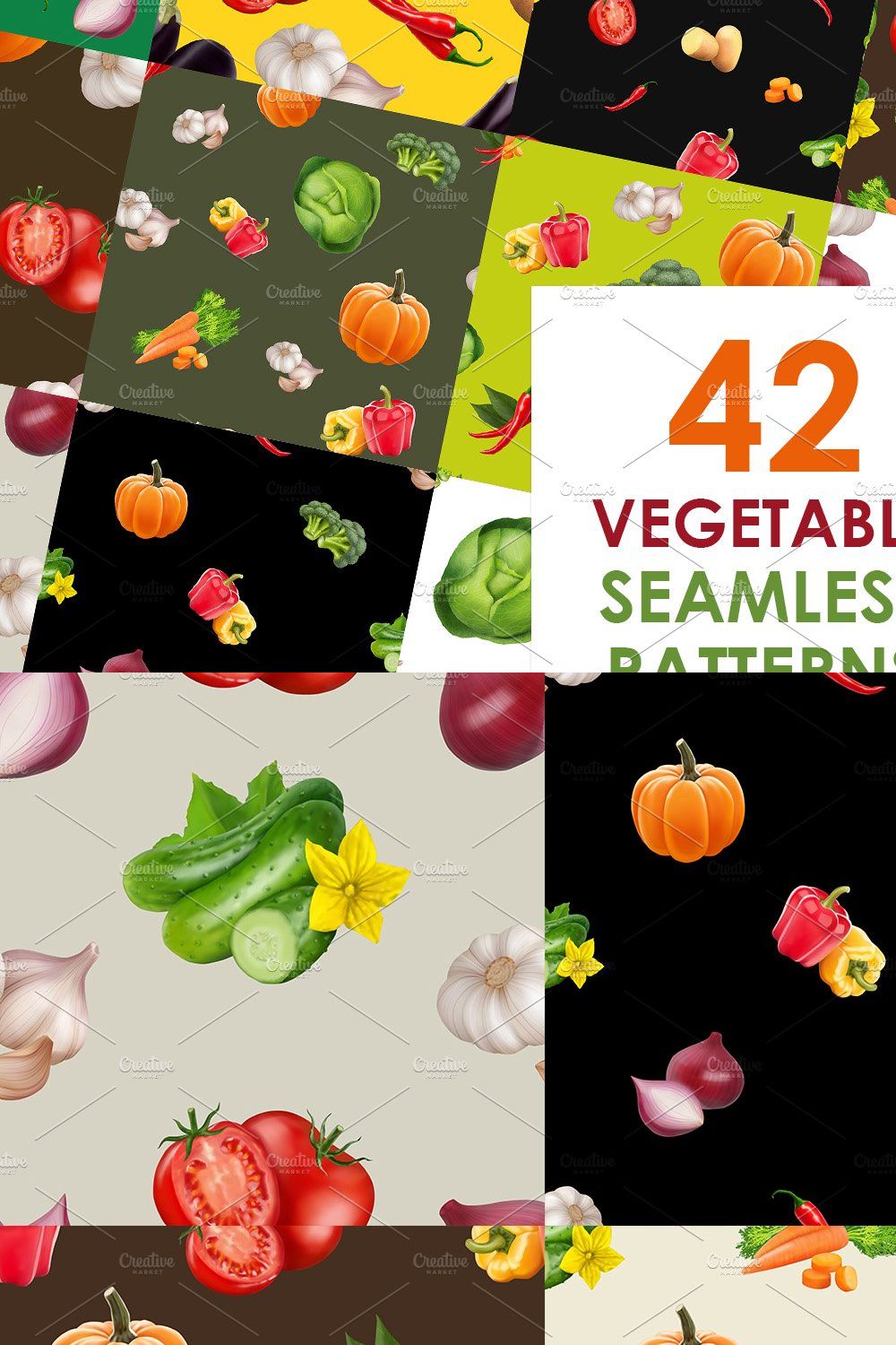 Big vegetables patterns set pinterest preview image.