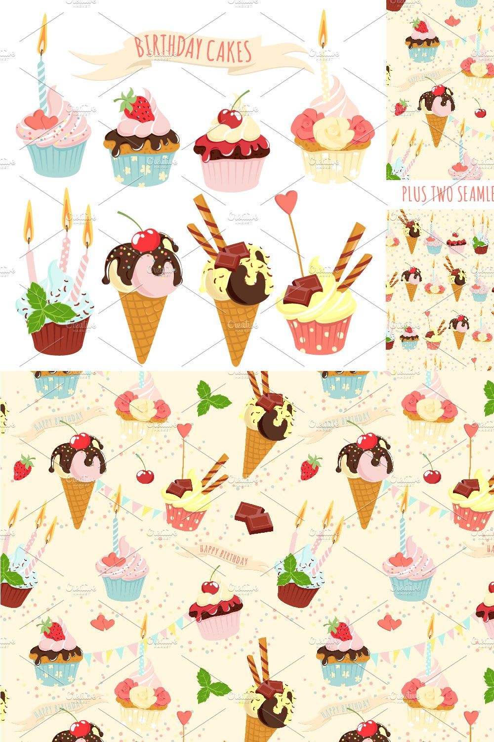 Birthday cupcakes icon set+ patterns pinterest preview image.