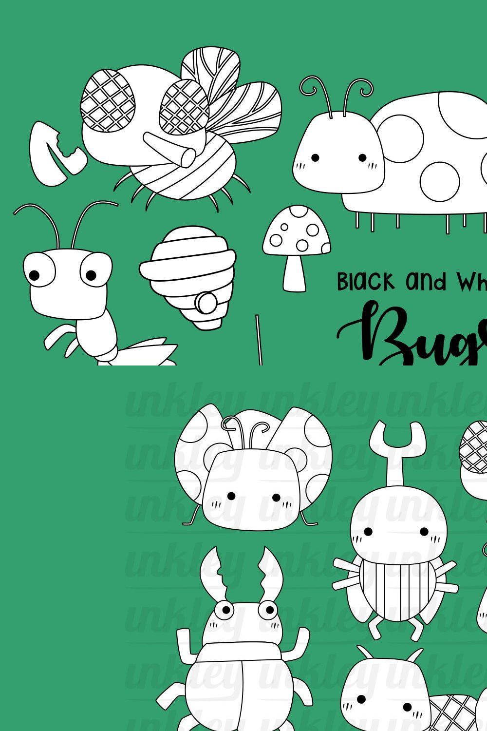 Black and White Cute Bugs Clipart pinterest preview image.