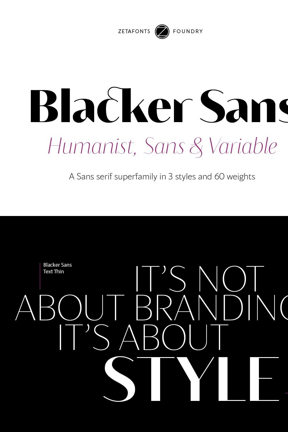Blacker Sans - 60 + 3 variable fonts pinterest preview image.
