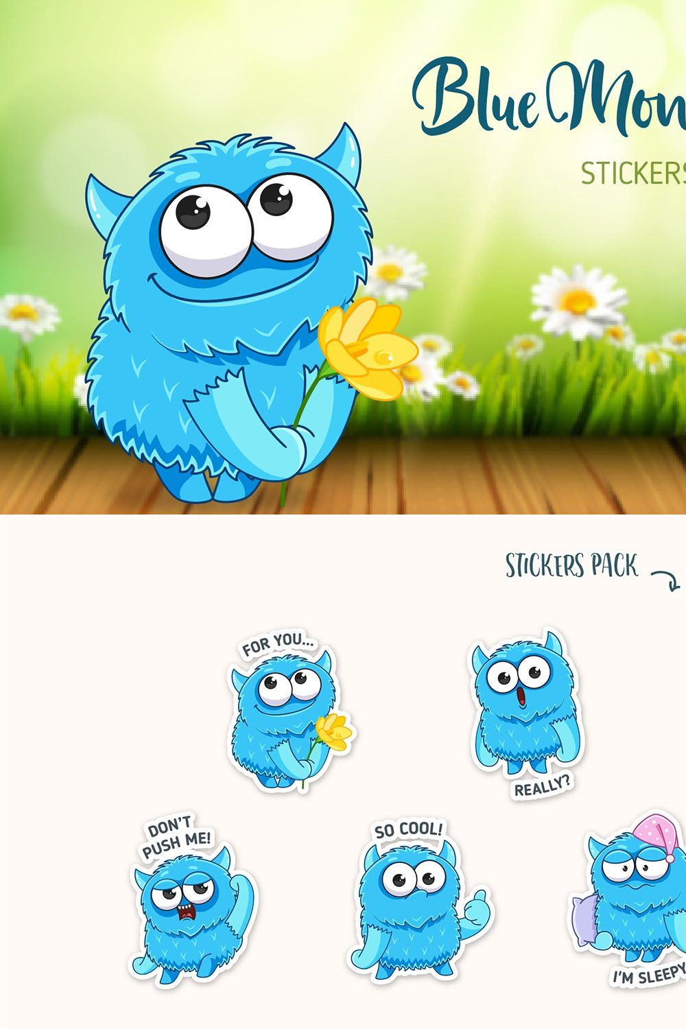 Blue Monster Emotional Stickers Set pinterest preview image.