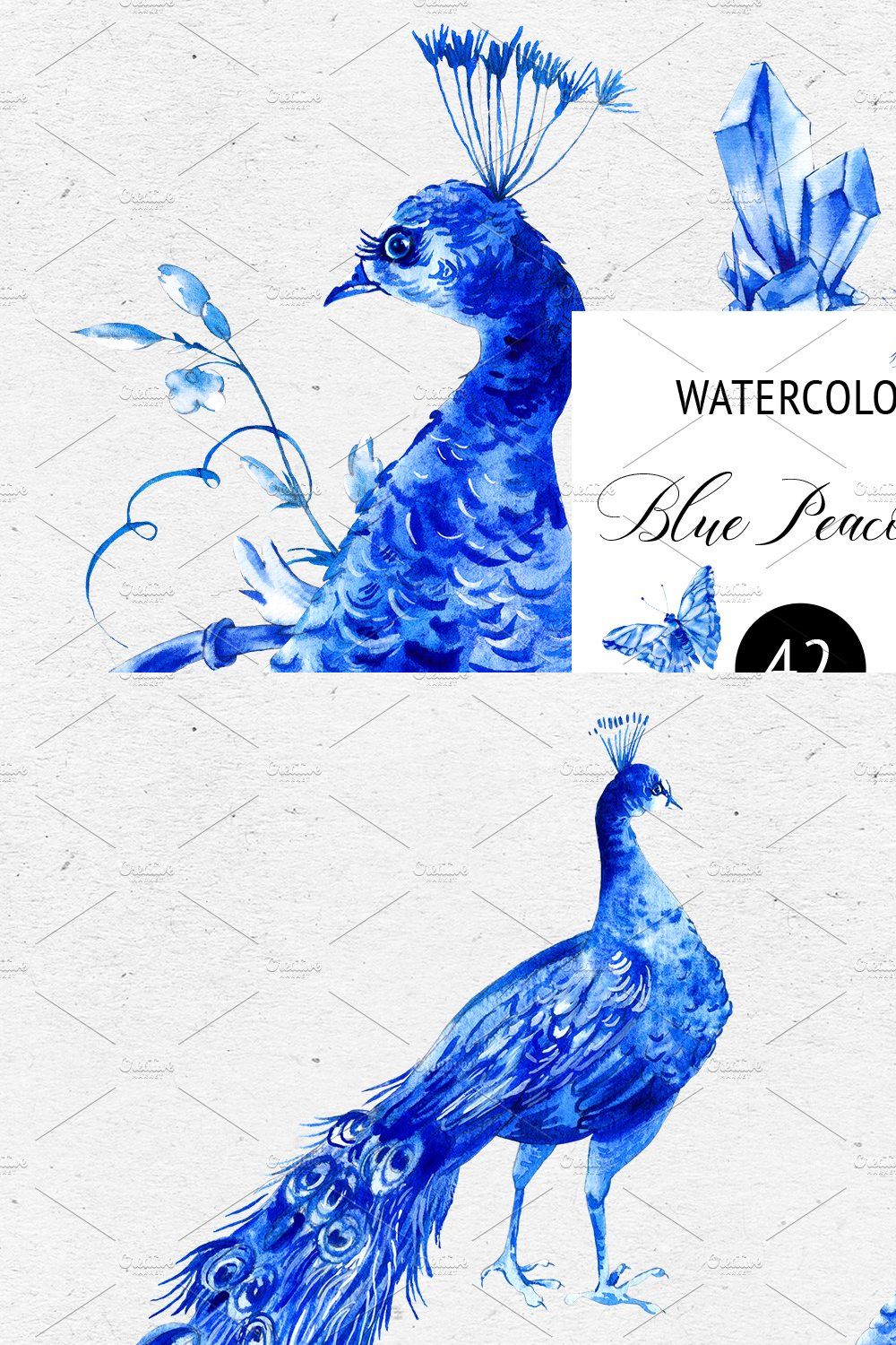 Blue watercolor flowers and peacock pinterest preview image.