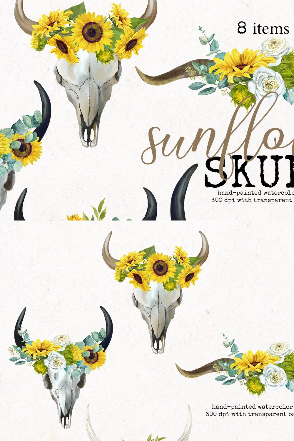 Boho Bull Skull with Sunflowers pinterest preview image.