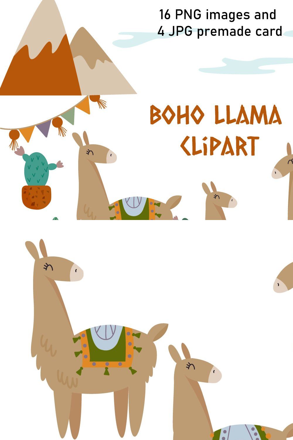 Boho llama clipart and pattern pinterest preview image.