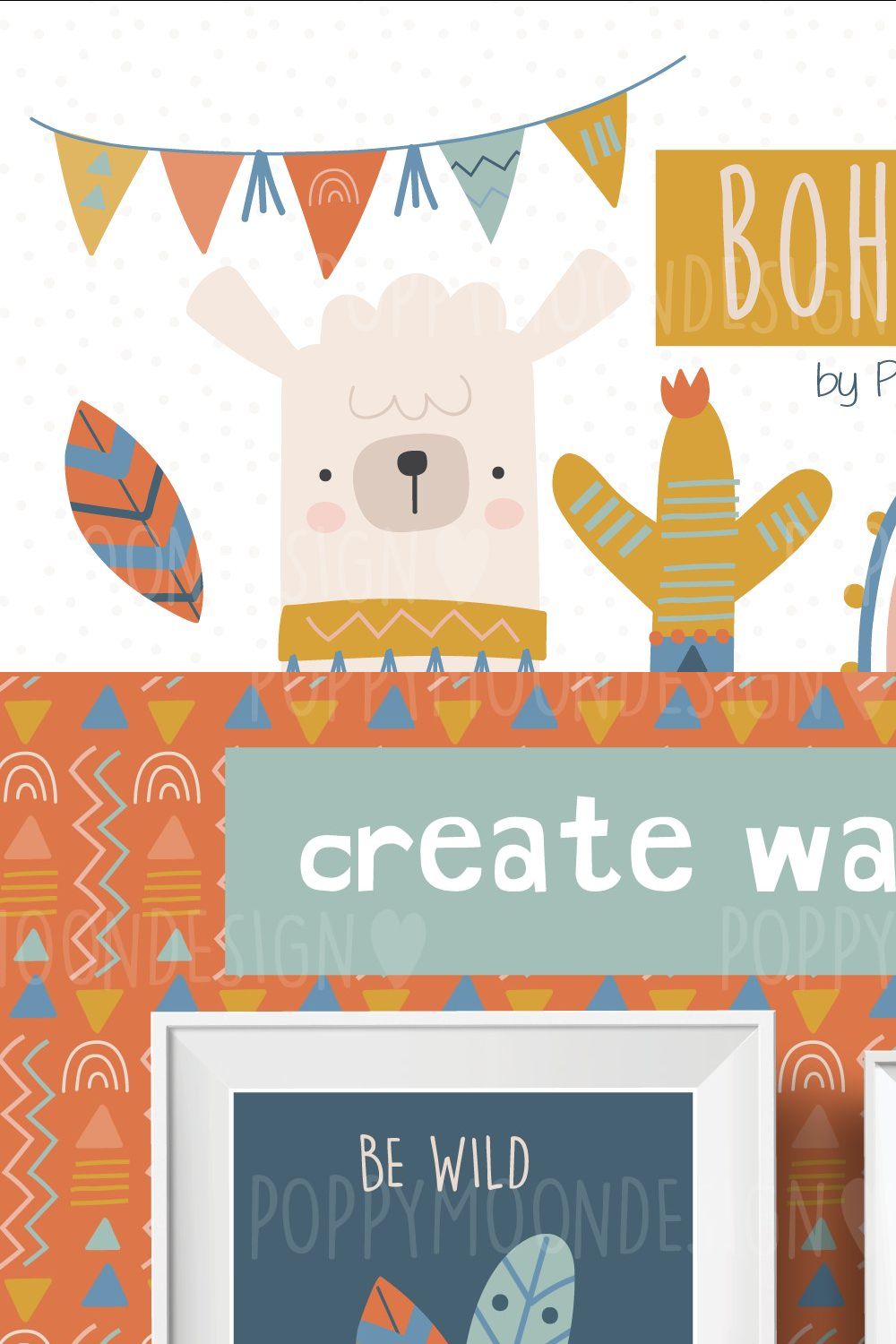 Boho Llama clipart set pinterest preview image.