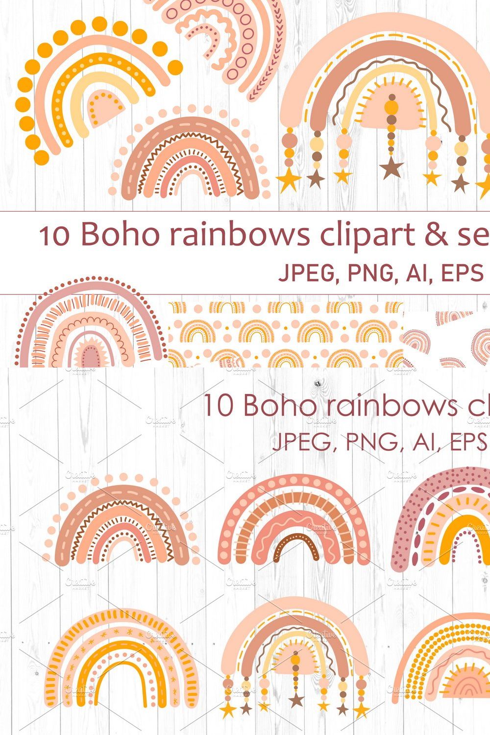 Boho Rainbow Clipart & Patterns pinterest preview image.