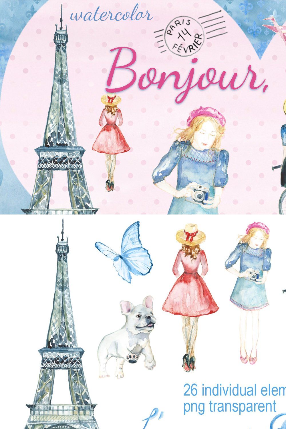 Bonjour, Paris! watercolor set pinterest preview image.