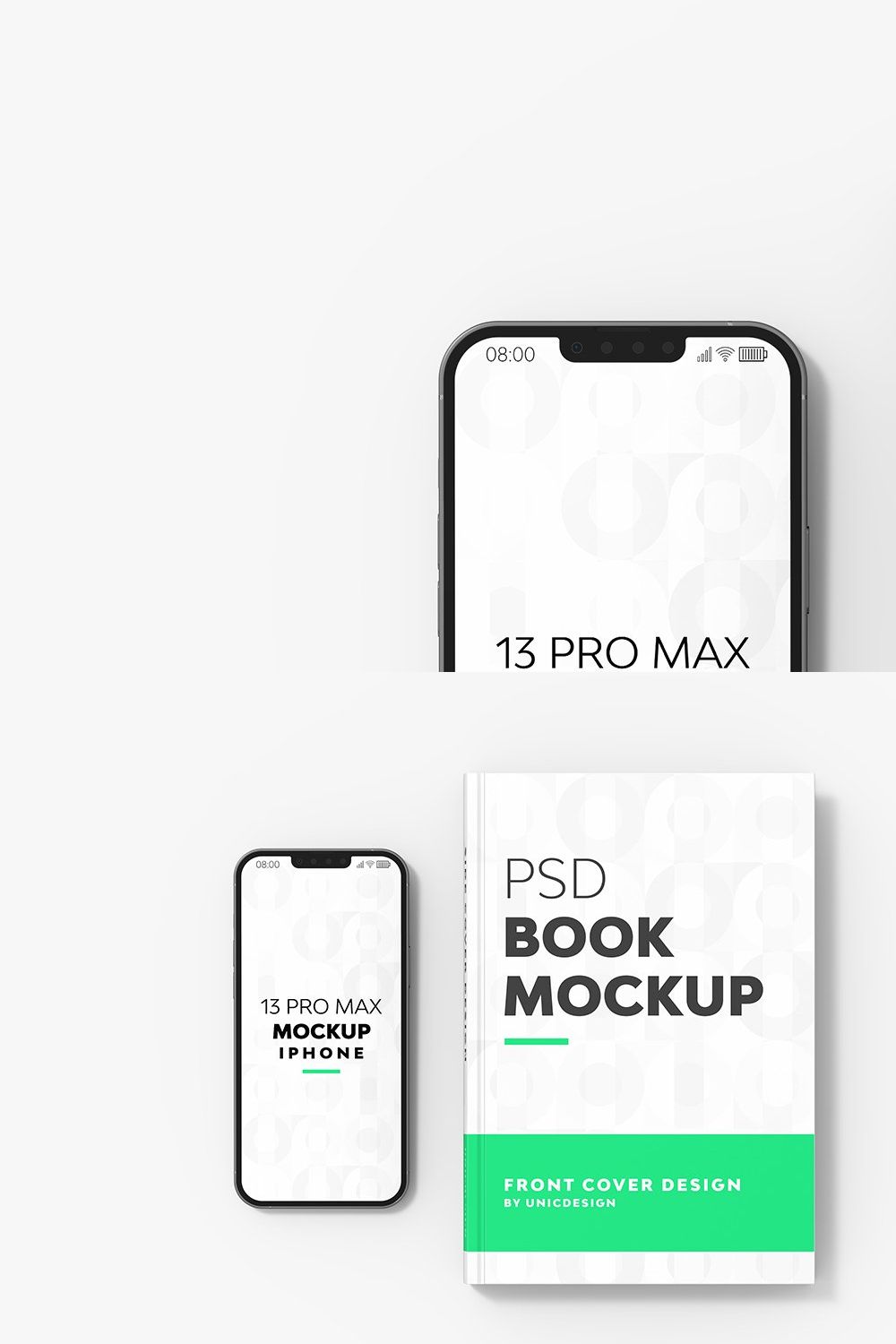 Book & iPhone 13 Mockup pinterest preview image.