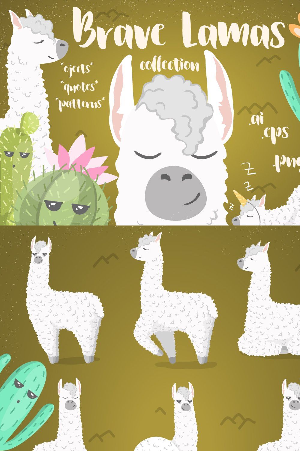 Brave Lamas & Cactuses Vector Set pinterest preview image.
