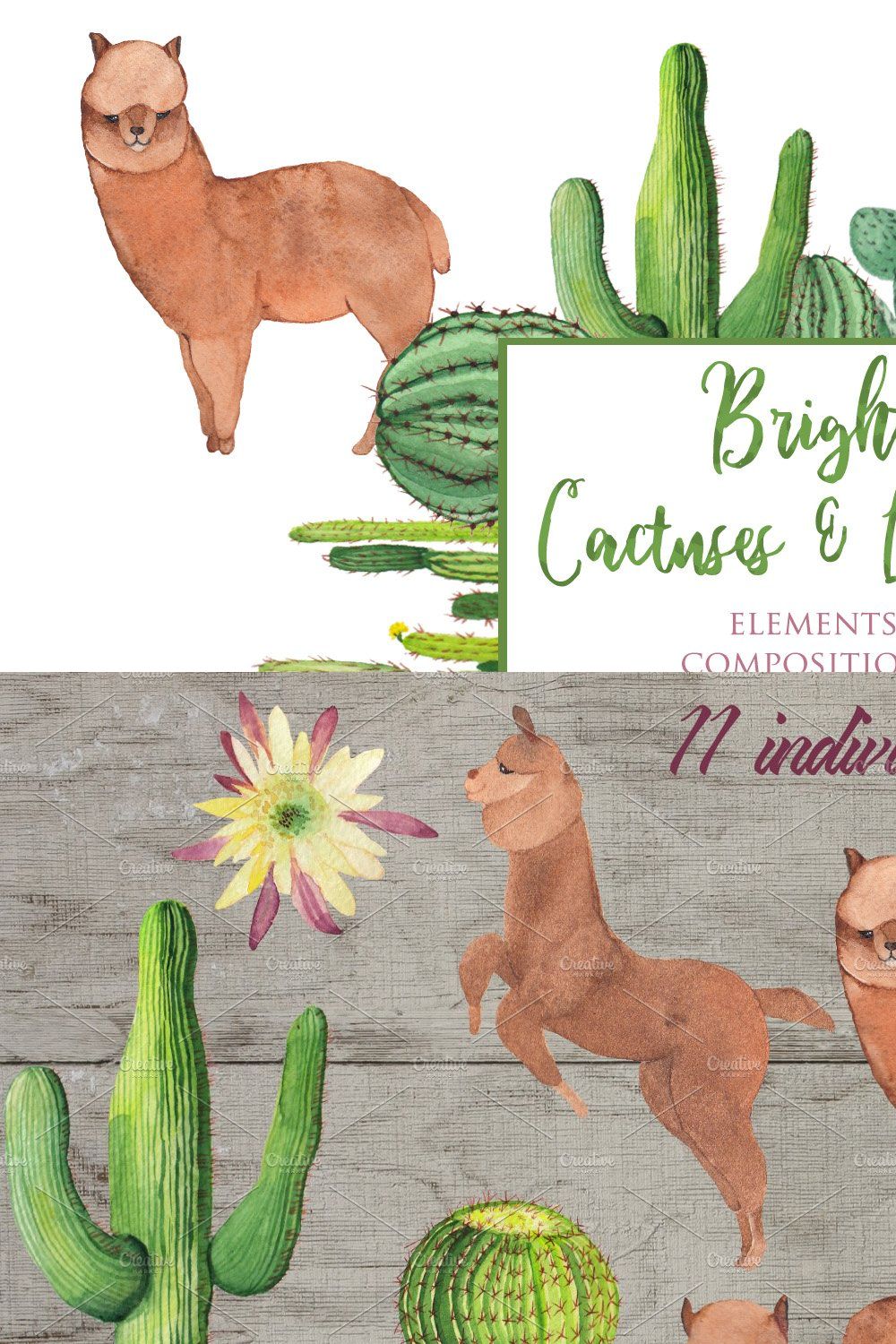 Bright Cactuses & Llamas Clipart pinterest preview image.