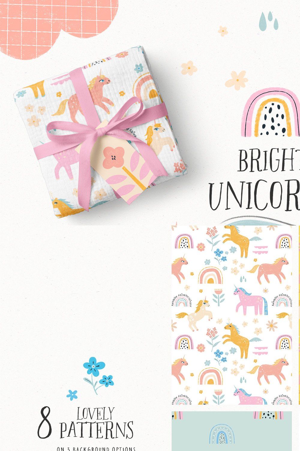 Bright Unicorns, Rainbows & Flowers pinterest preview image.