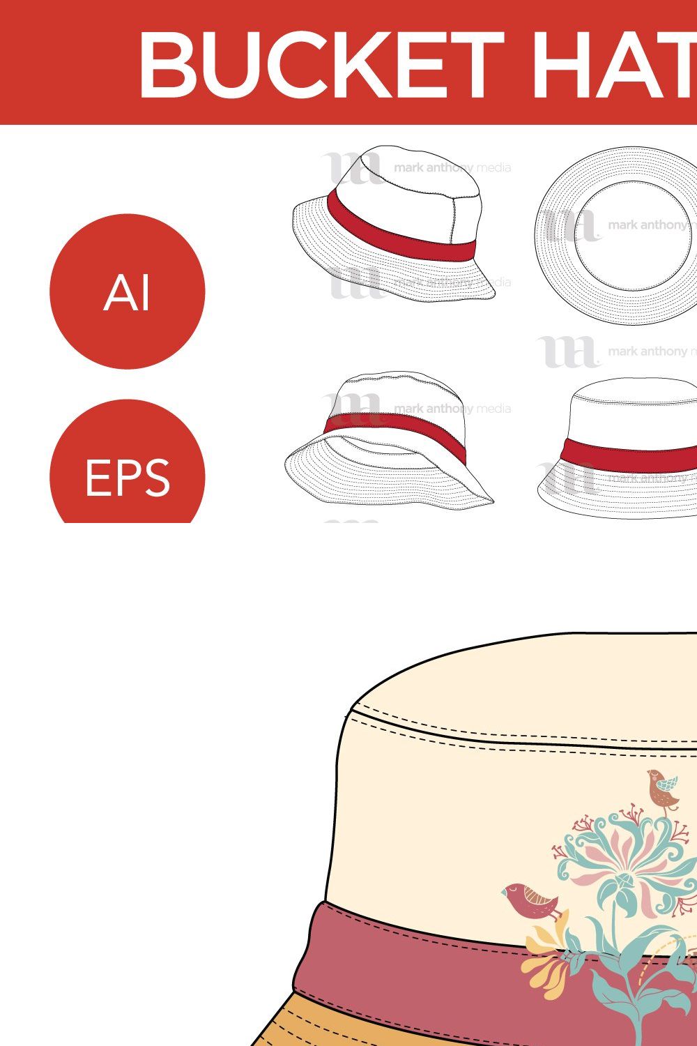 Bucket Hats - Vector Template Mockup pinterest preview image.