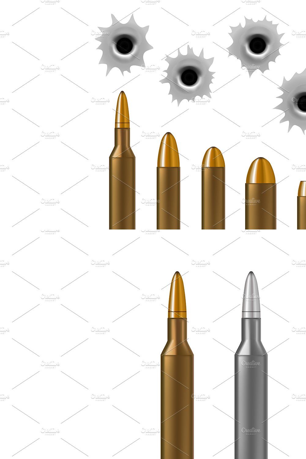 Bullets and Bullet Holes Set. Vector pinterest preview image.