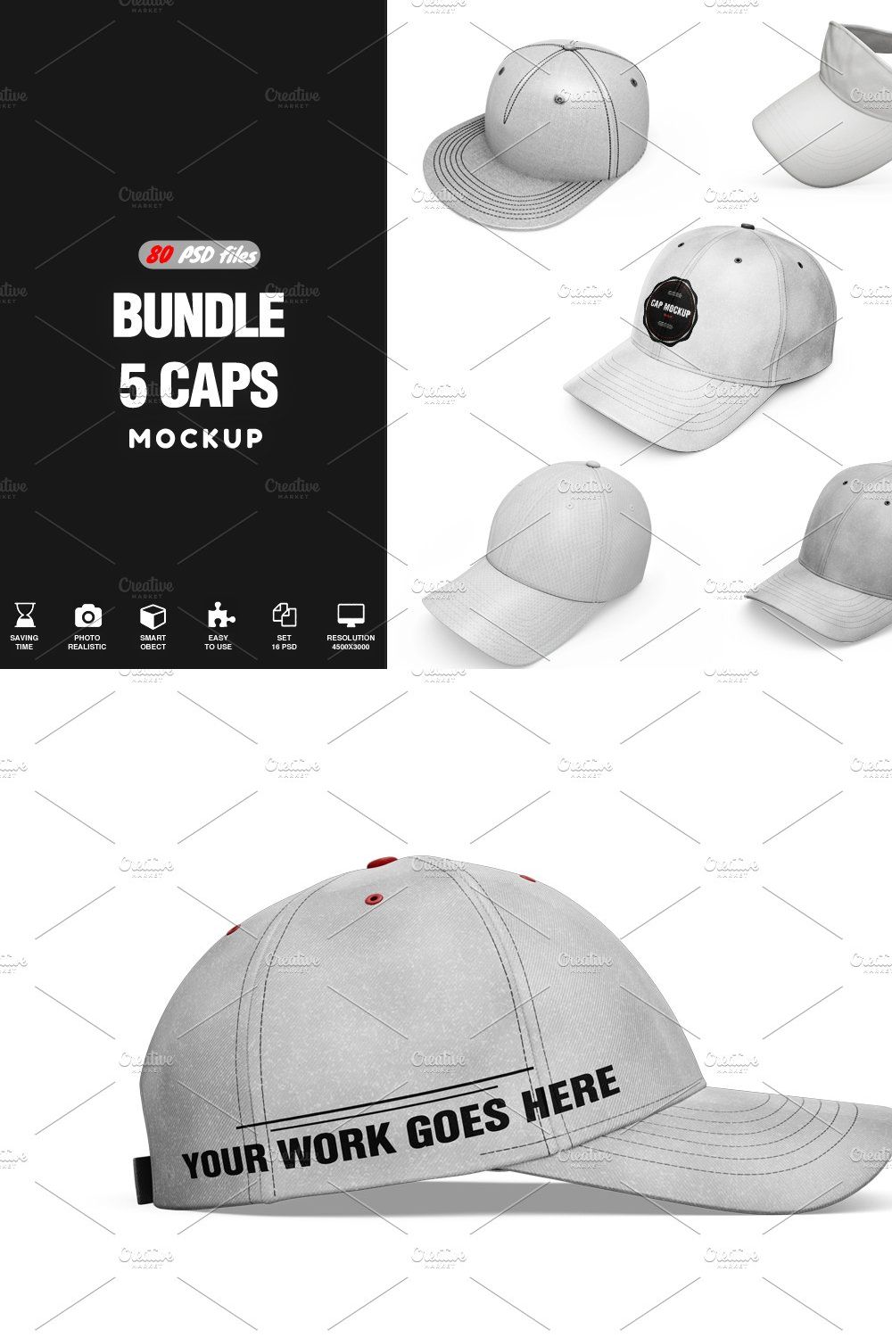 Bundle Caps Mockup 80 PSD files pinterest preview image.