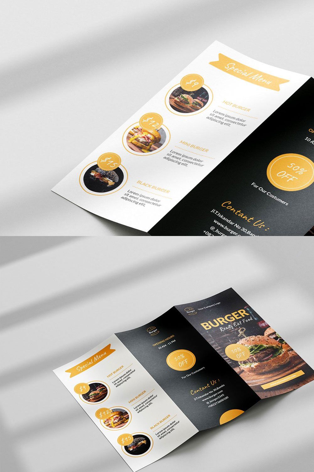 BURGER Trifold Brochure Template pinterest preview image.