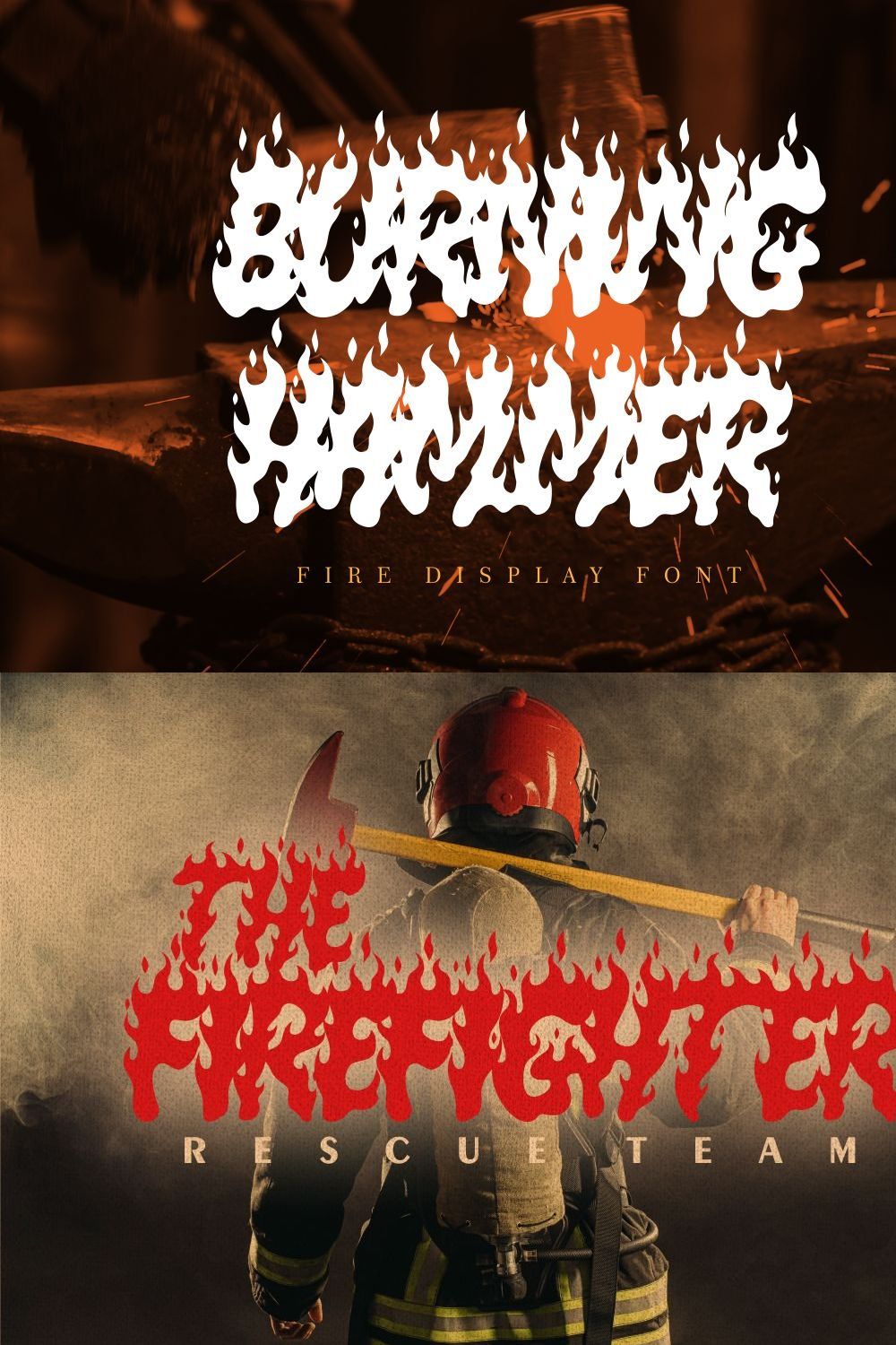 Burning Hammer - Fire Display Font pinterest preview image.