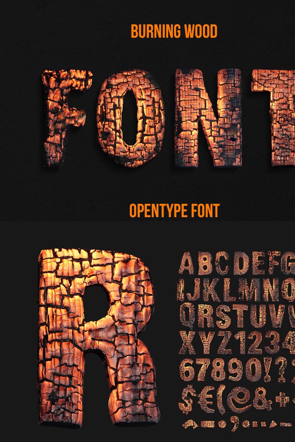 Burning Wood Font pinterest preview image.