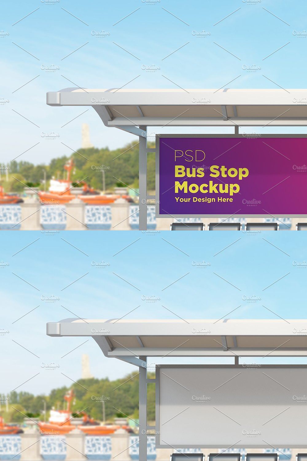 Bus stop Shelter signage Mockup pinterest preview image.