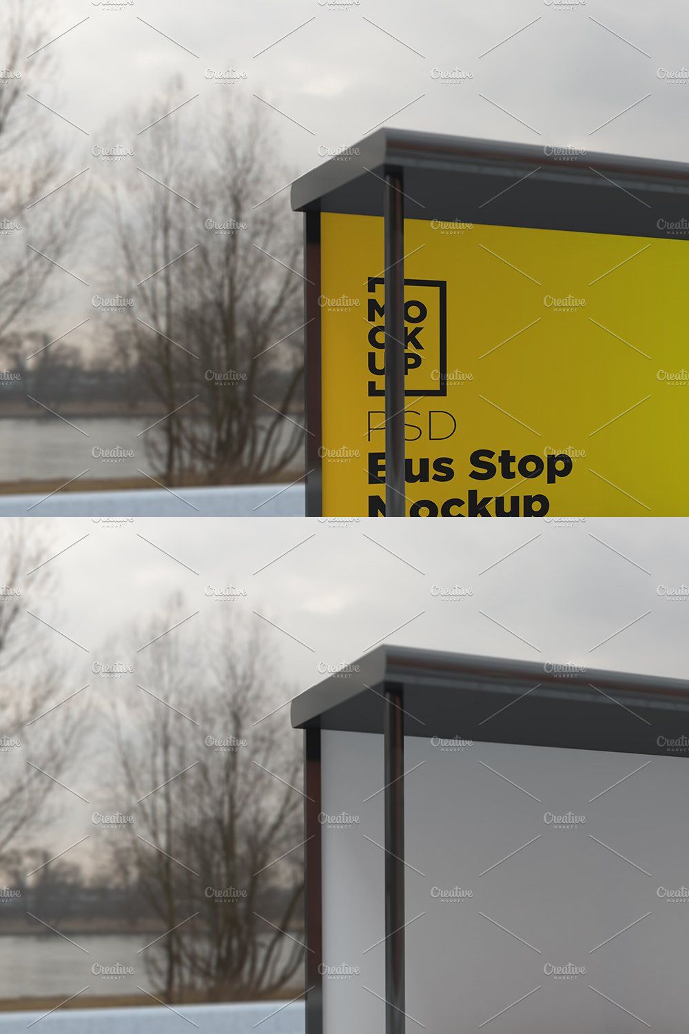 Bus stop Shelter with 2 sign Mockup pinterest preview image.