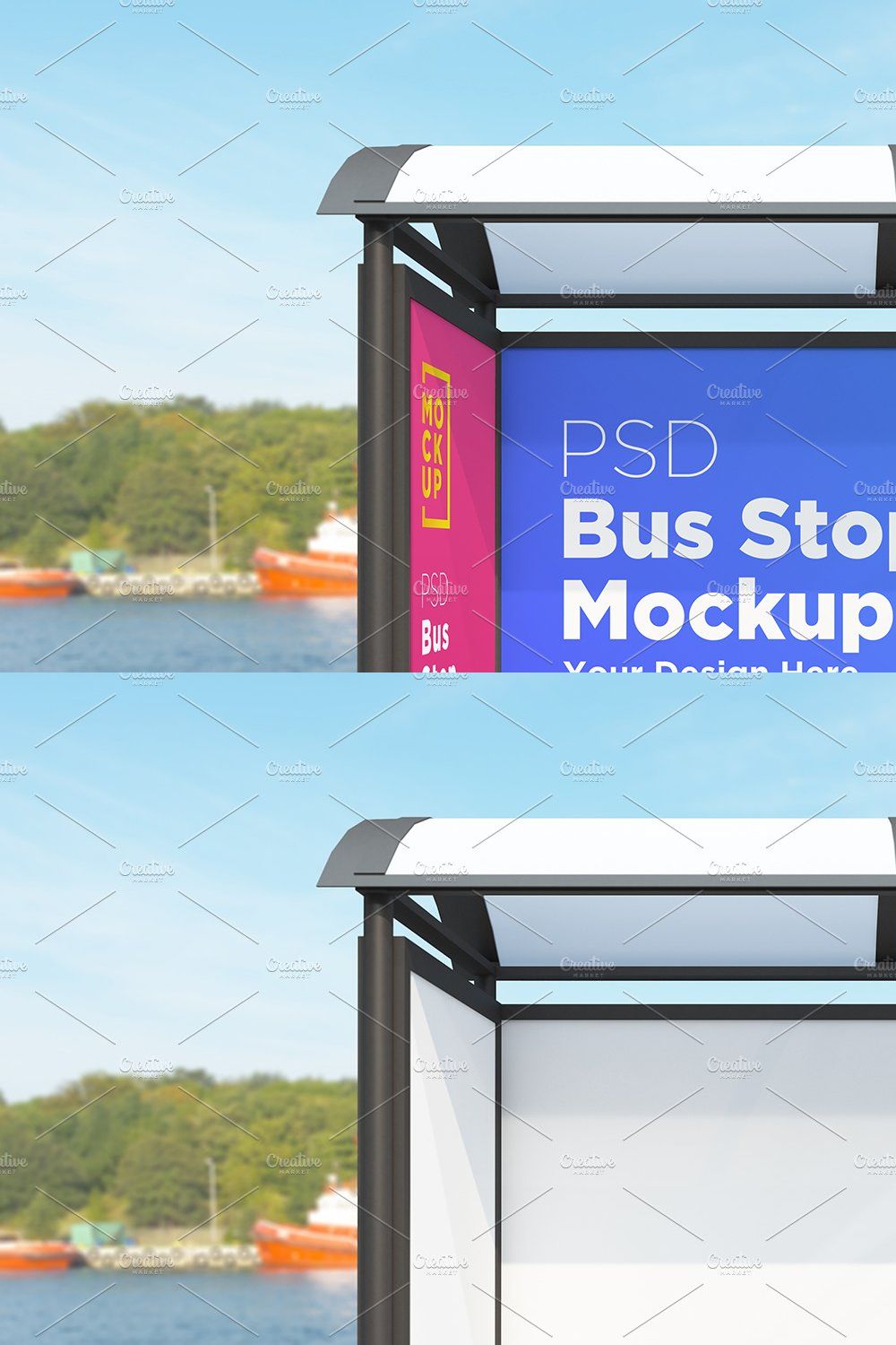 Bus stop with 2 Billboard Mockup pinterest preview image.