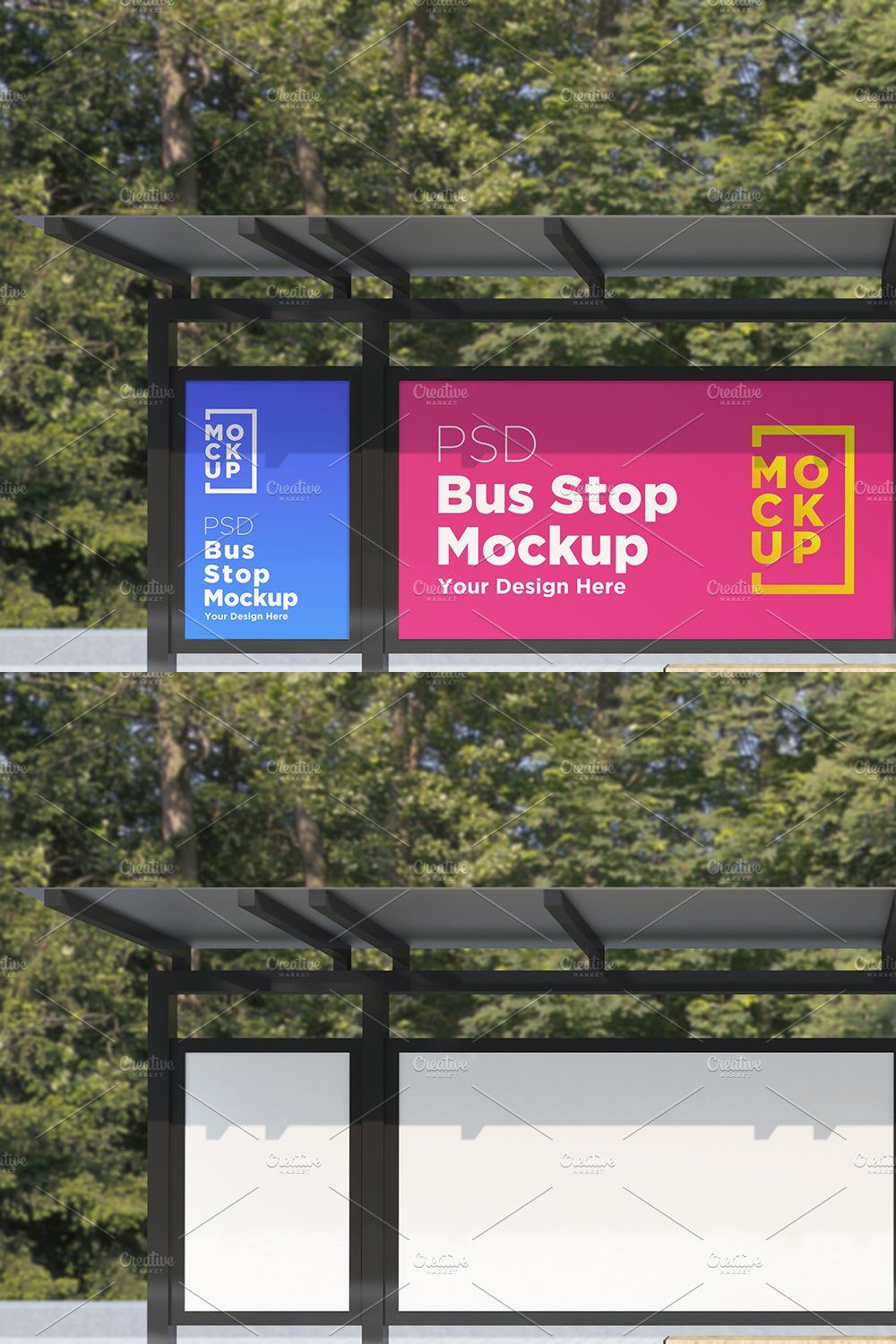 Bus Stop with 3 Billboard Mockup pinterest preview image.